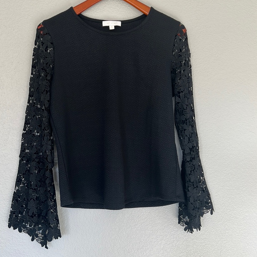 Anthropologie Eri+Ali Black Long Bell Sleeve Lace Sleeve Top Size M